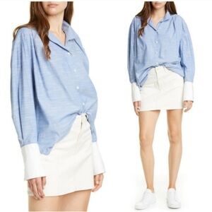 FRAME Chambray Ladies Collared Long Sleeve Button Down Cuffed Blouse Large